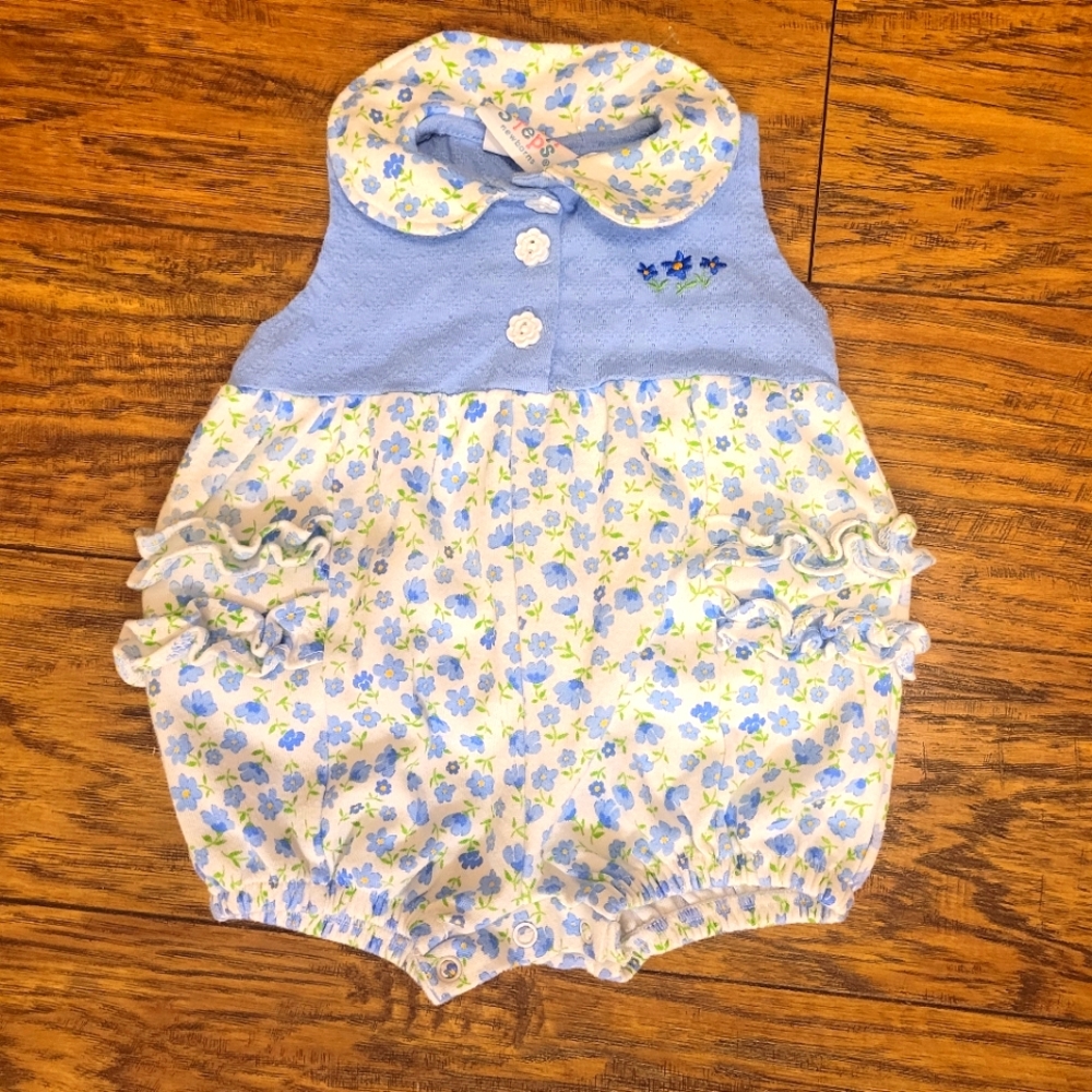 💥3/$24‎ Vintage Small Steps Blue and White Floral Romper with Ruffled Edge